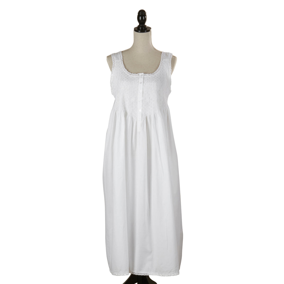 Taleen White 100% Cotton Victorian Buttoned Wide Shoulder Strap Embroidered Nightgown Nightdress