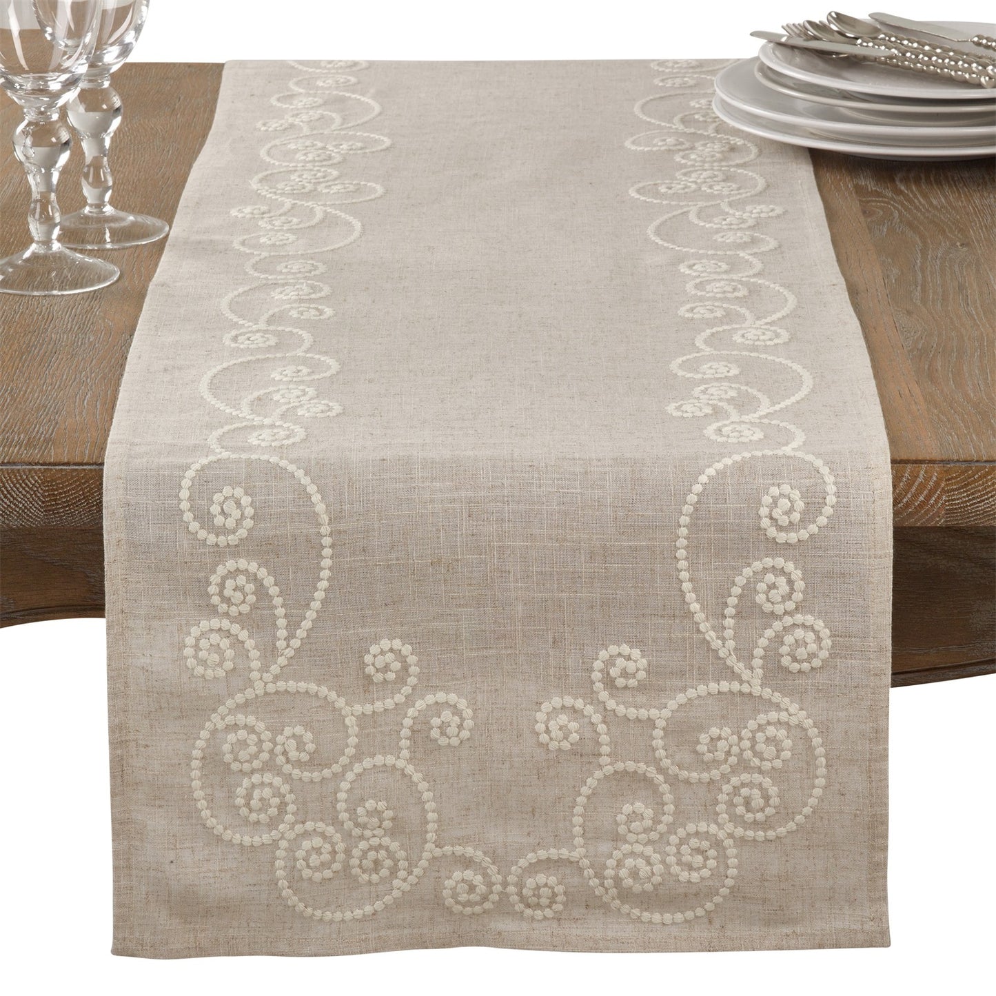 Everyday / All Season Natural Beige Swirl Embroidered Table Runner, 80% polyester - 20% linen