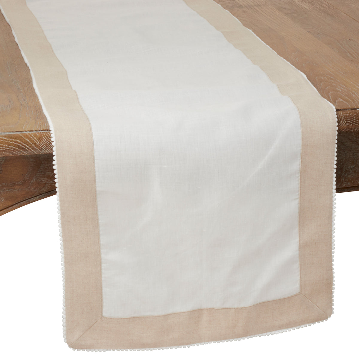 Everyday / All Season Ivory Off-White Two-Tone Table Runner with Knotted Border, 55% linen - 45% cotton