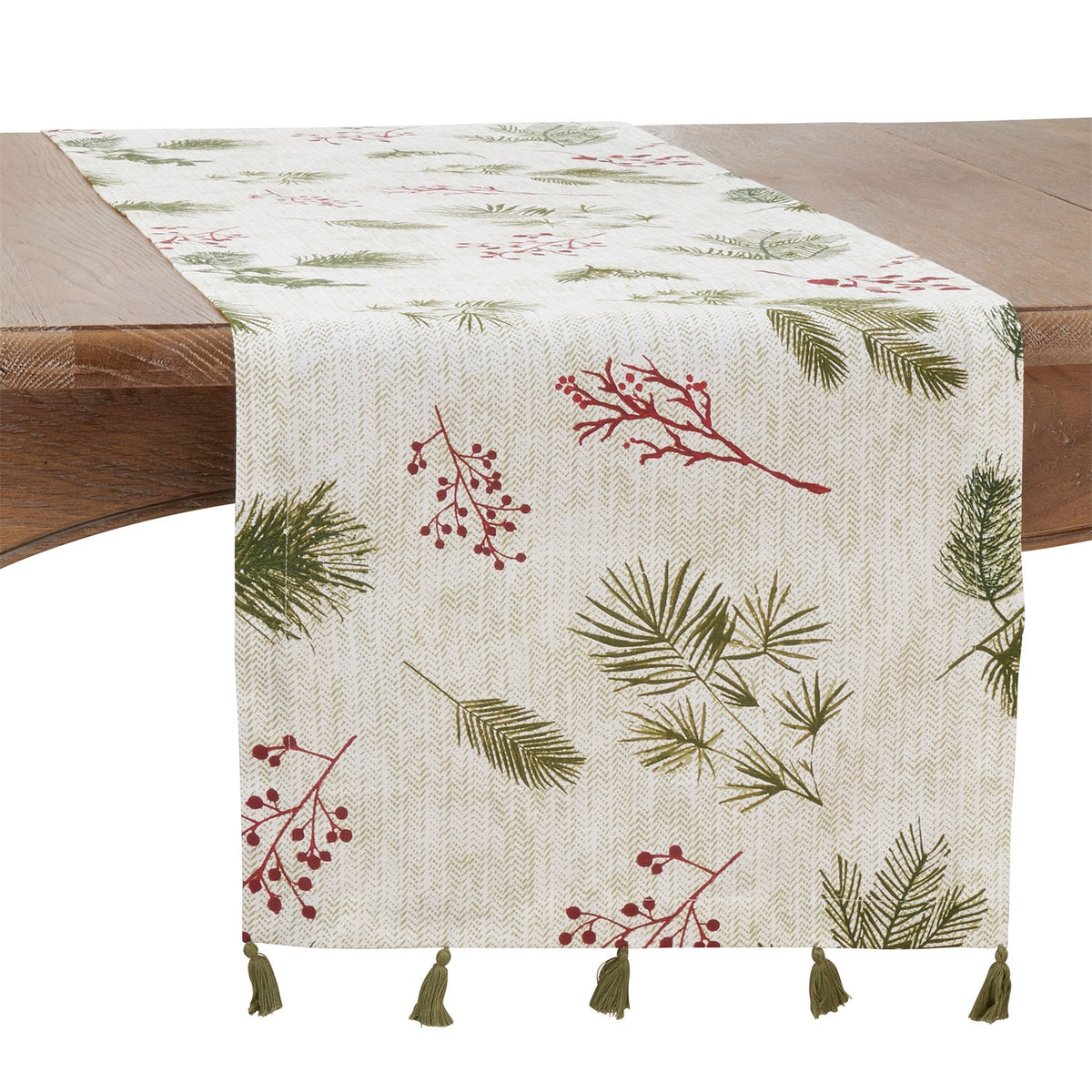 Christmas Red/Green Pine needle + Red Berry Table Runner, 100% cotton