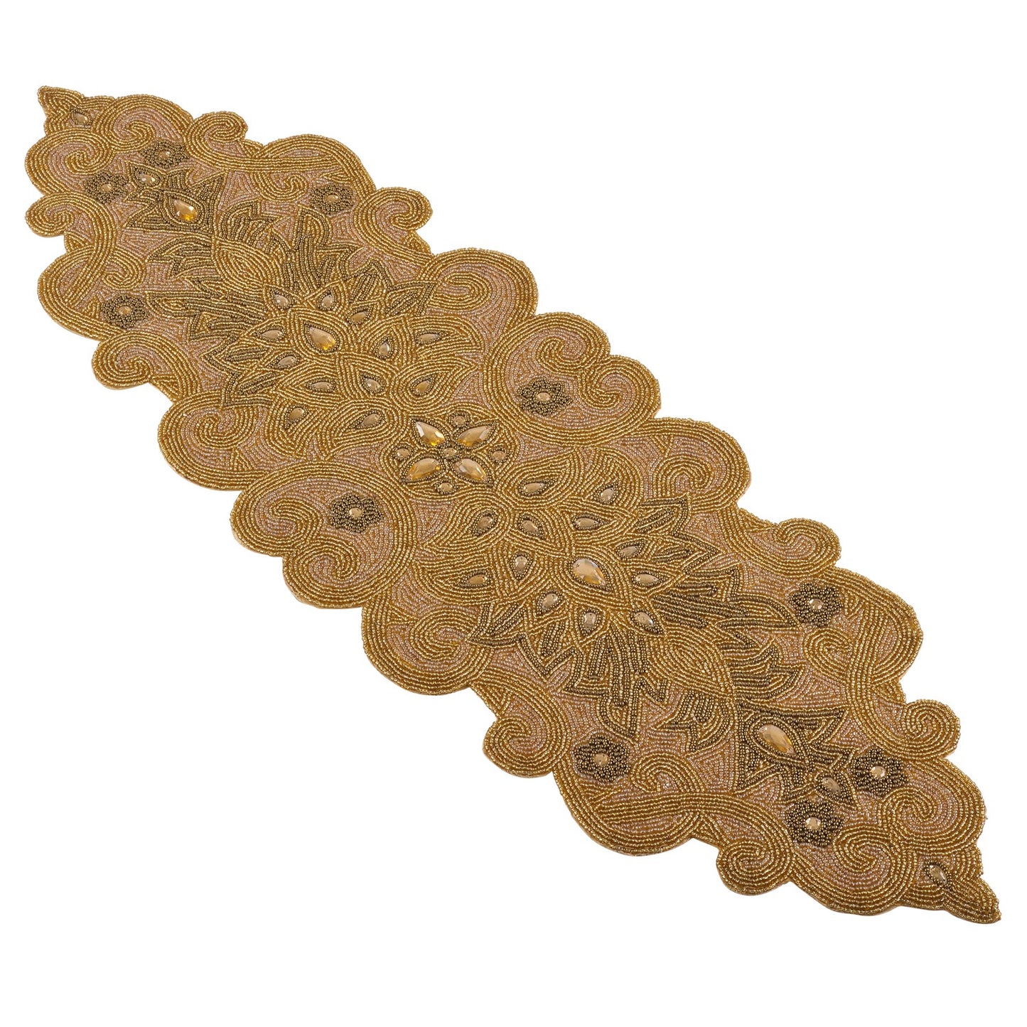 Everyday / All Season Gold Beaded Scroll Motif Table Runner, 100% polyester