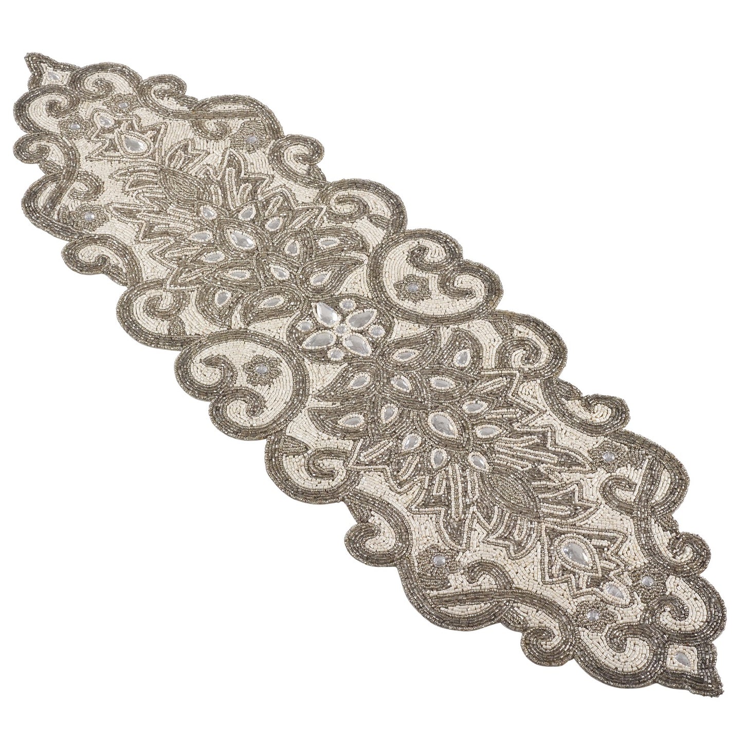Everyday / All Season Silver Beaded Scroll Motif Table Runner, 100% polyester