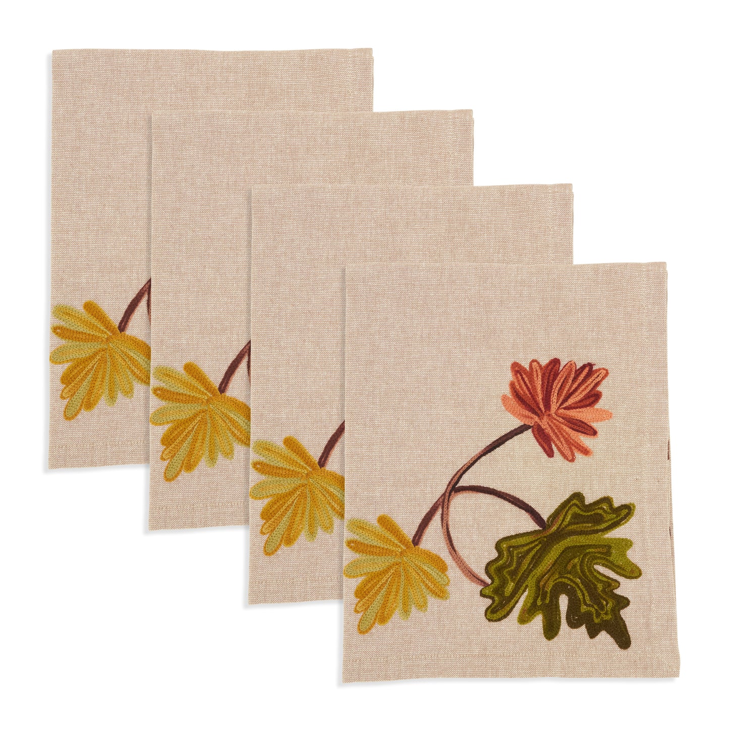 Natural Embroidered Fall Leaf Napkins 100% cotton, 20 Inch Square (4 pcs.)