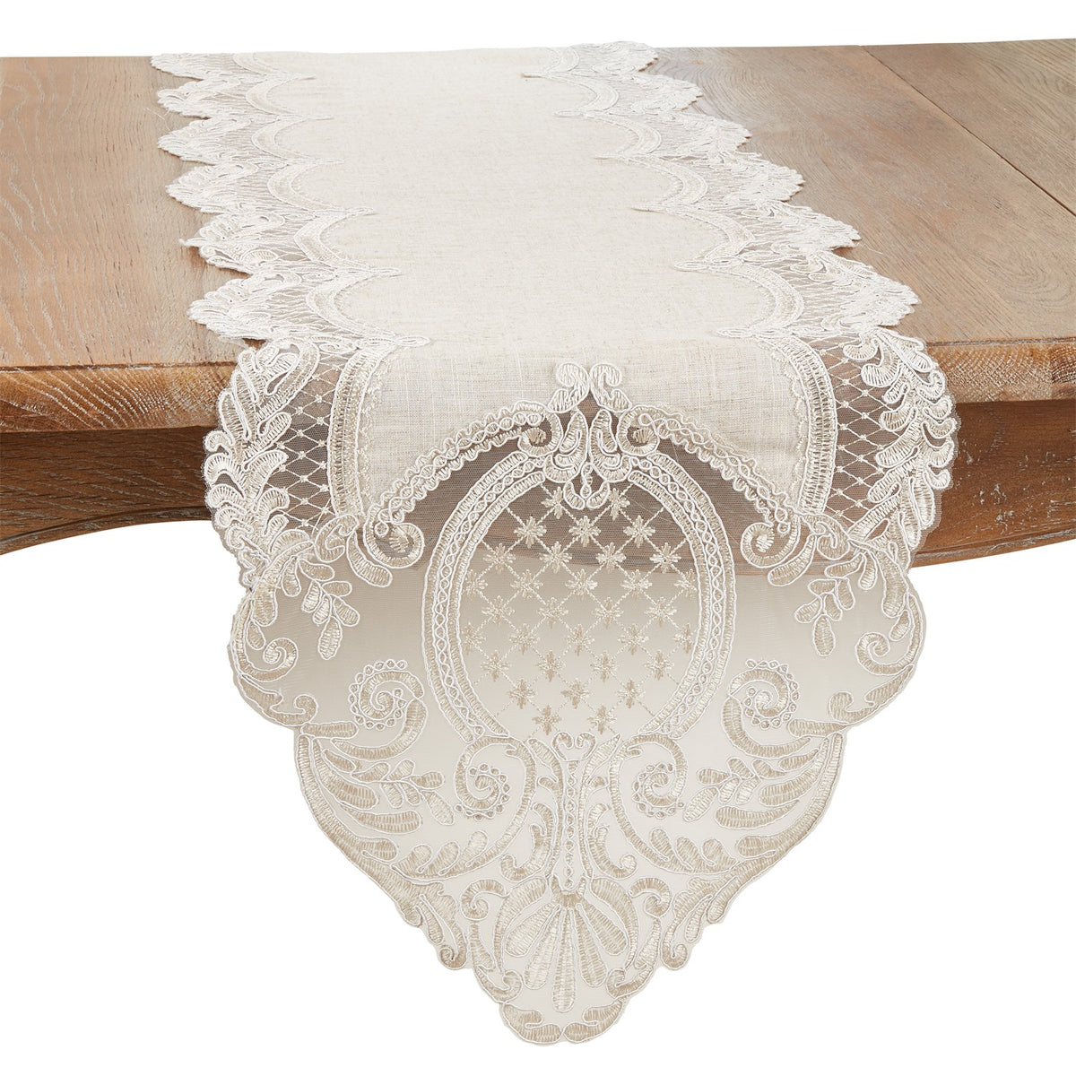 Everyday / All Season Natural Beige Embroidered Lace Table Runner, base:80% polyester, 20% linen, lace: 100% polyester