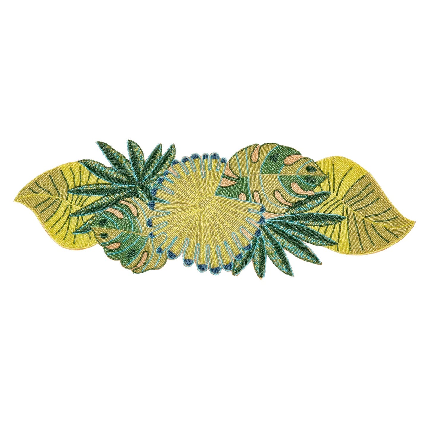Everyday / All Season Green Beaded Tropical Leaves Table Runner, acrylic beads, glass beads