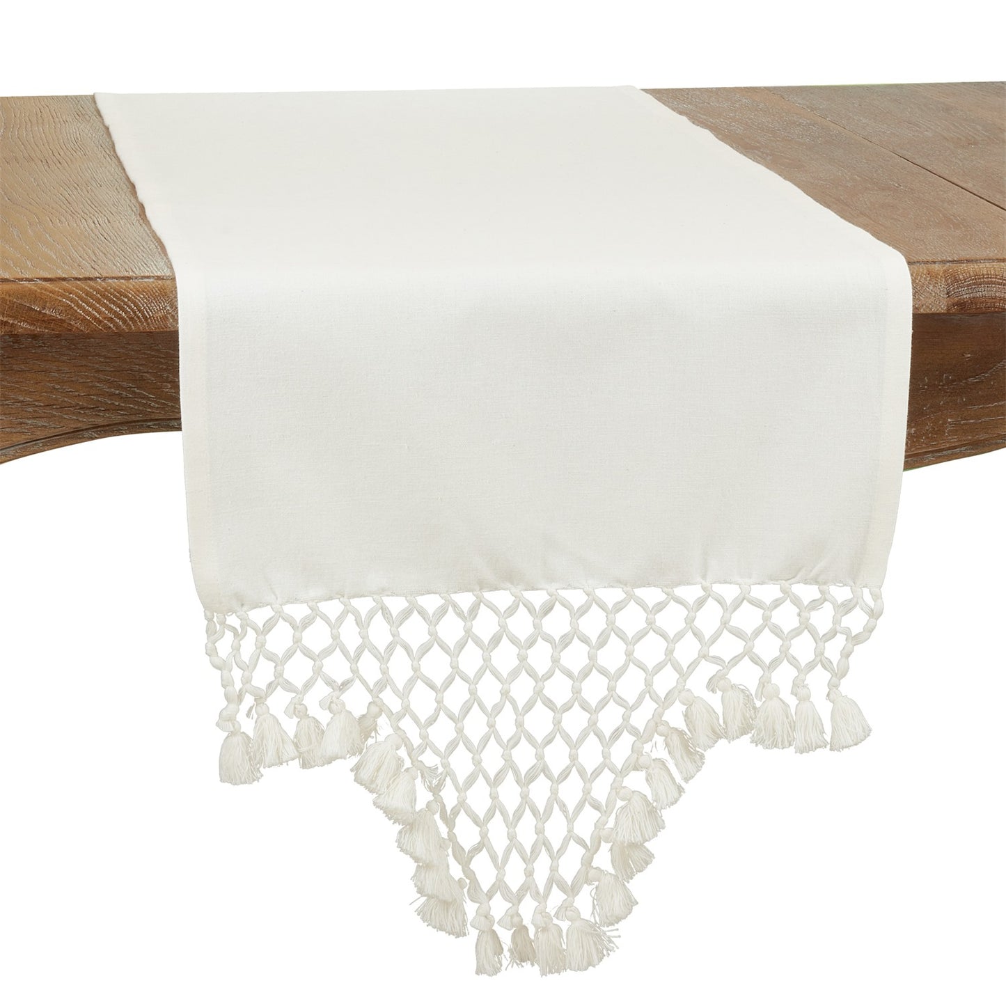 Everyday / All Season White Braided Tassel Table Runner, 100% cotton