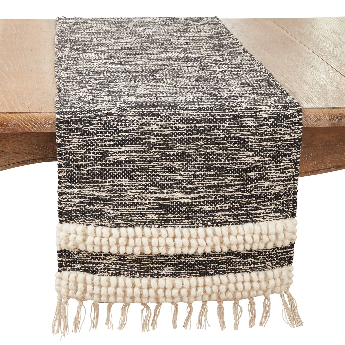 Everyday / All Season Black Pom Pom Stripe Table Runner, 90% cotton - 10% wool