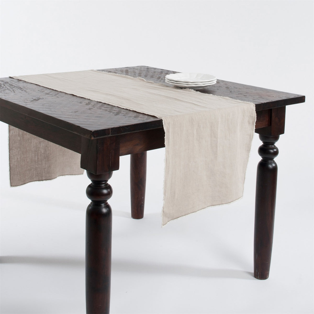 Everyday / All Season Natural Beige Fringed Design Stone Washed Table Runner, 100% linen
