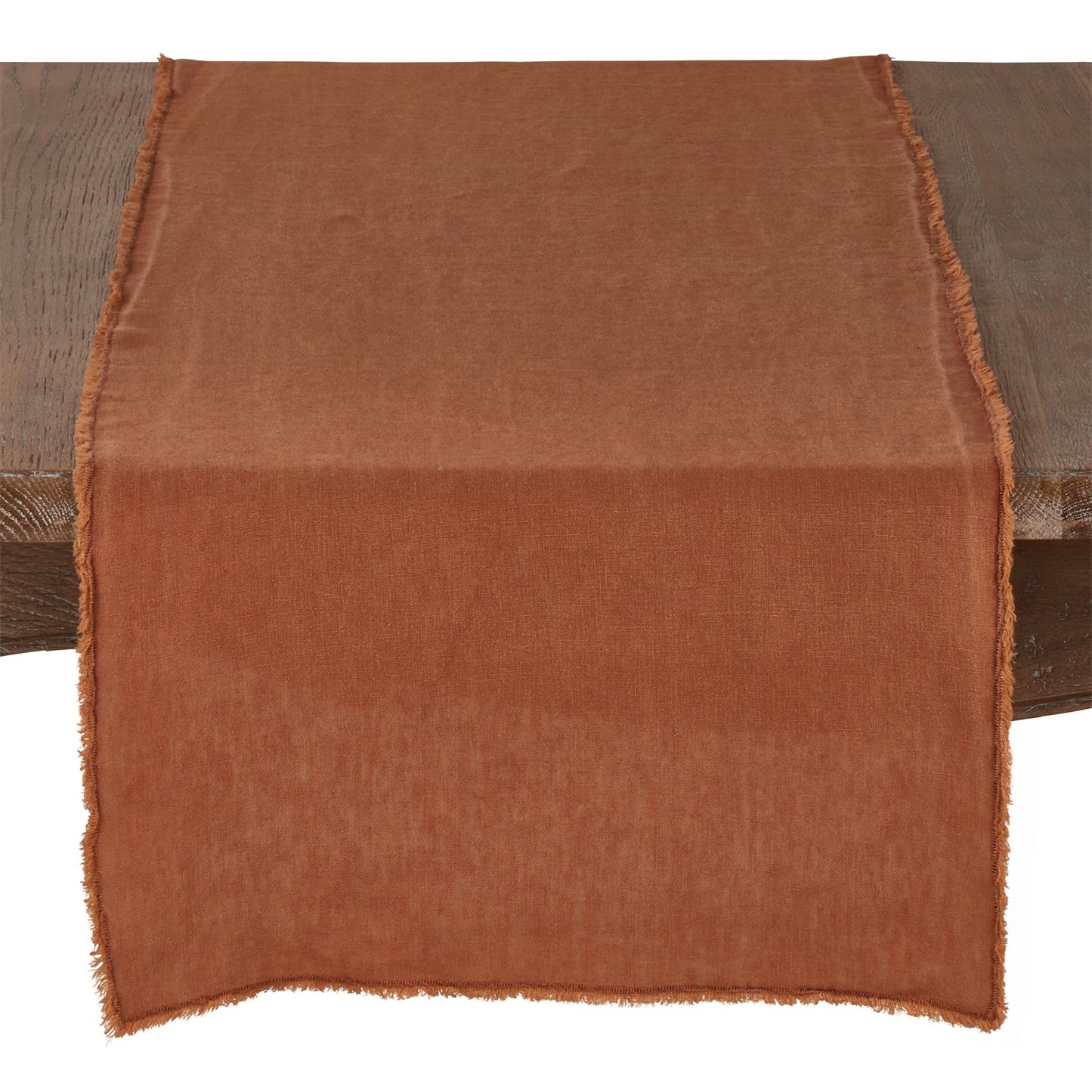 Everyday / All Season Terracotta Orange Fringed Design Stone Washed Table Runner, 100% linen