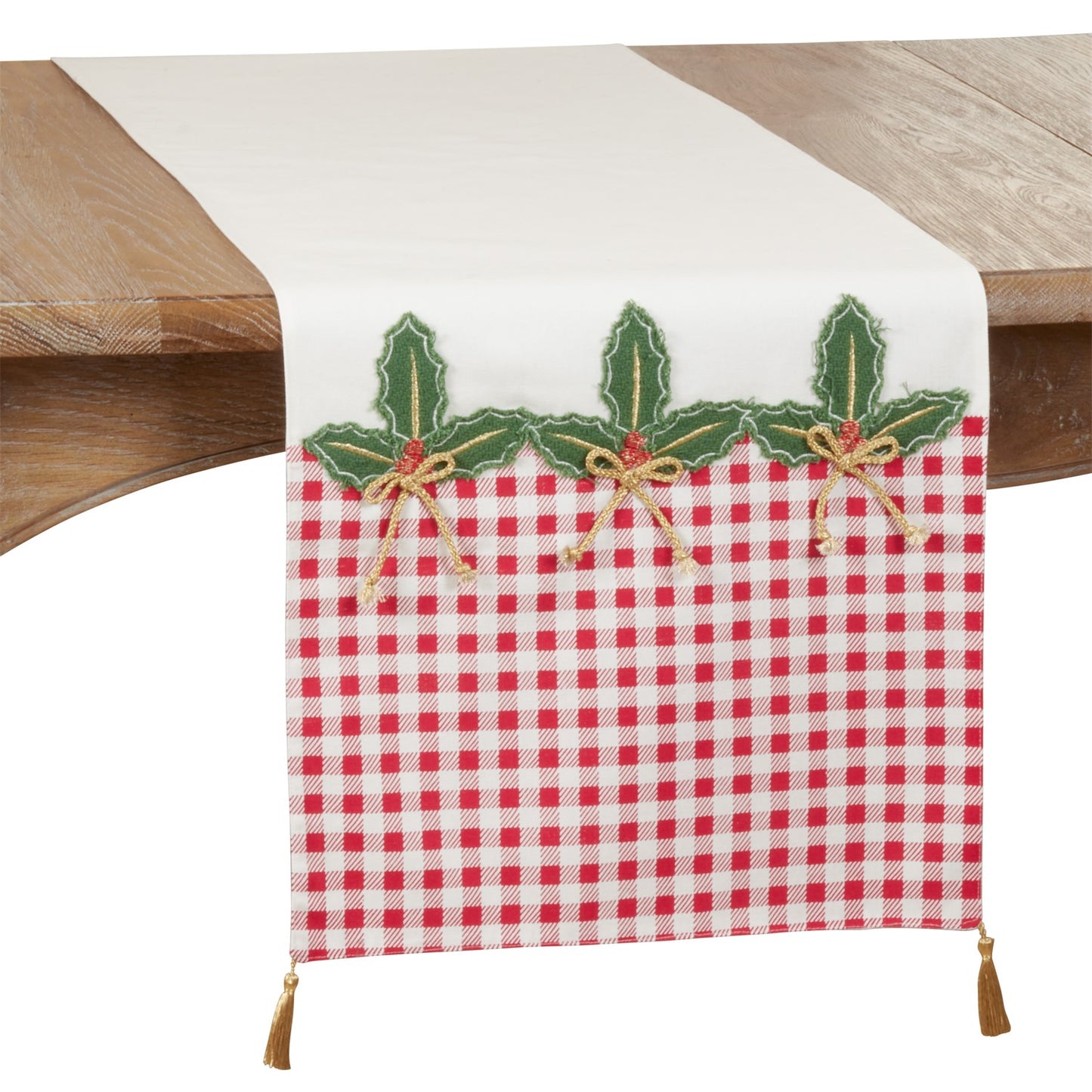 Christmas Red/Green Buffalo Plaid Holly Table Runner, 50% cotton - 50% polyester