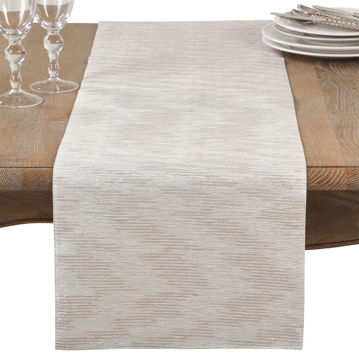 Everyday / All Season Silver Metallic Woven Table Runner, 58% polyester-17% viscose-16% polyamide-9% metallic fiber