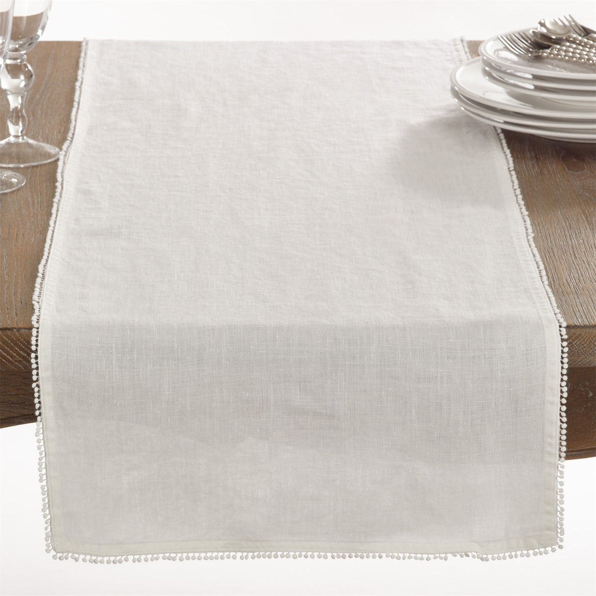 Everyday / All Season Ivory Off-White Pompom Design Table Runner, 100% linen