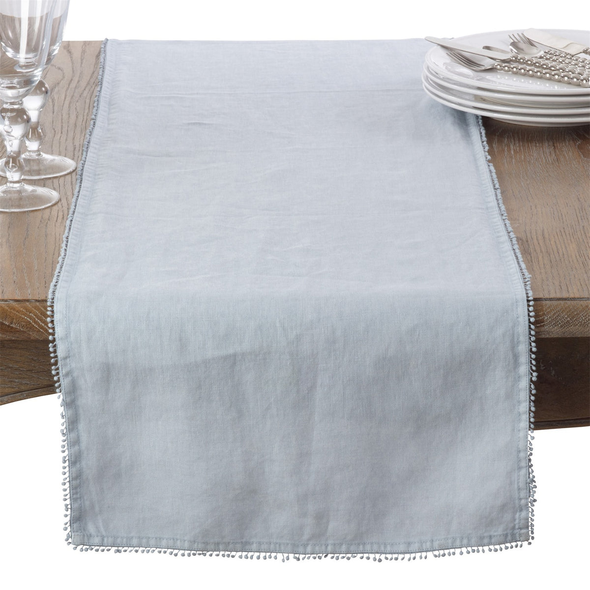 Everyday / All Season Lilac Pompom Design Table Runner, 100% linen