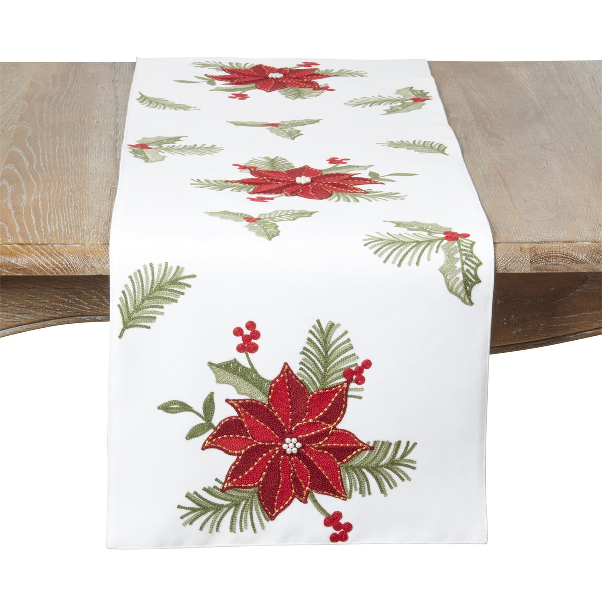 Christmas White Holly Table Runner, 100% polyester