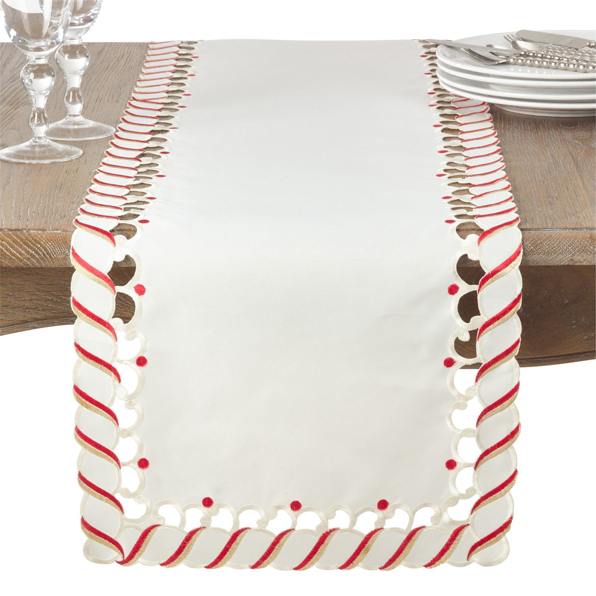 Christmas Ivory Off-White Candy Cane Table Runner, 100% Polyester