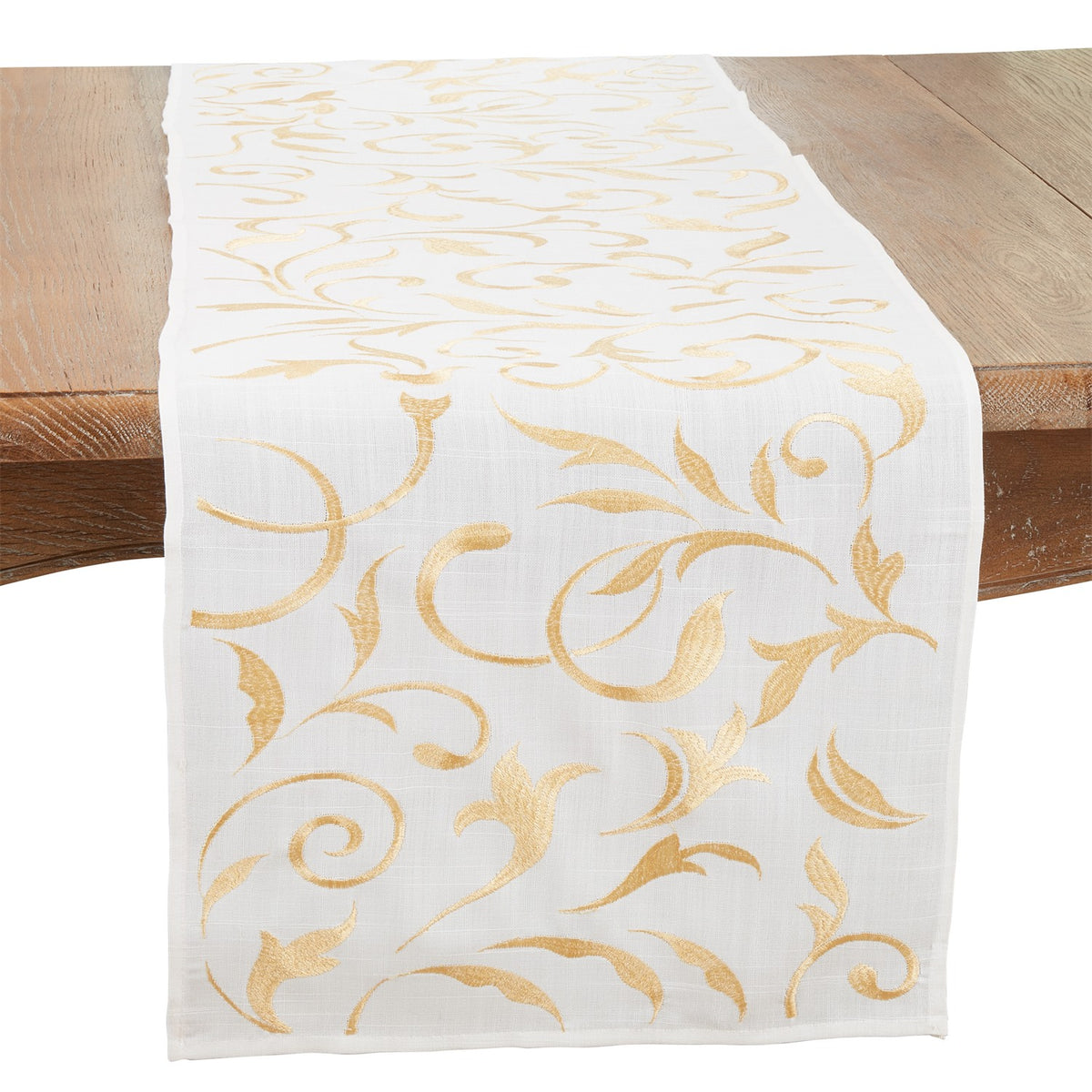 Everyday / All Season Gold Embroidered Leaves Table Runner, 100% Polyester