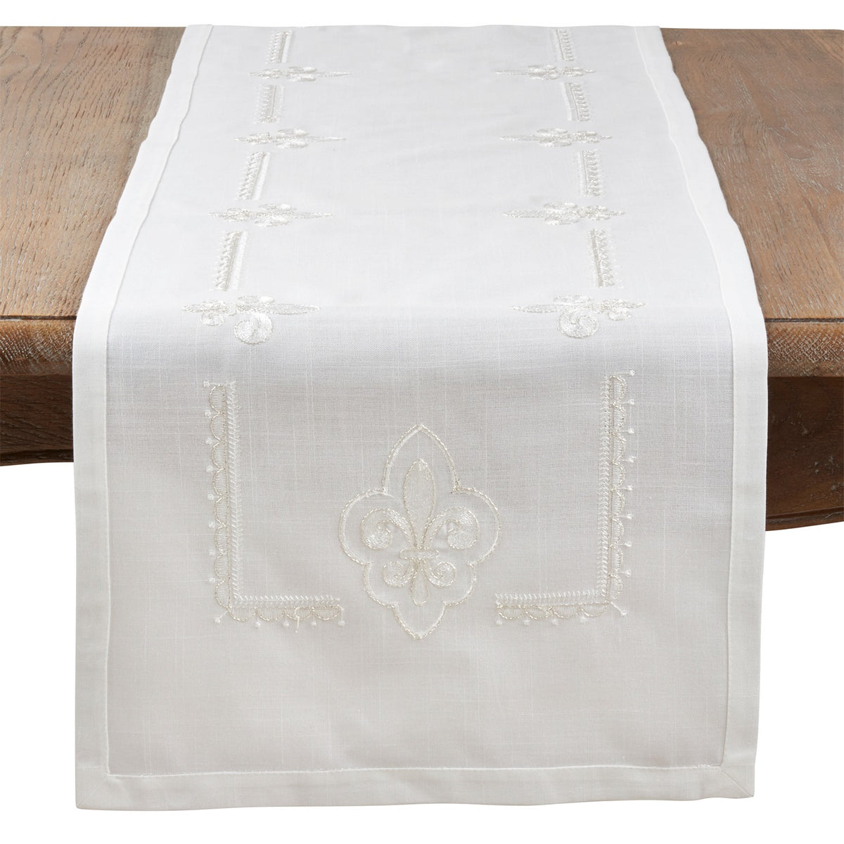 Everyday / All Season Ivory Off-White Embroidered Fleur-de-Lis Table Runner, 100% Polyester