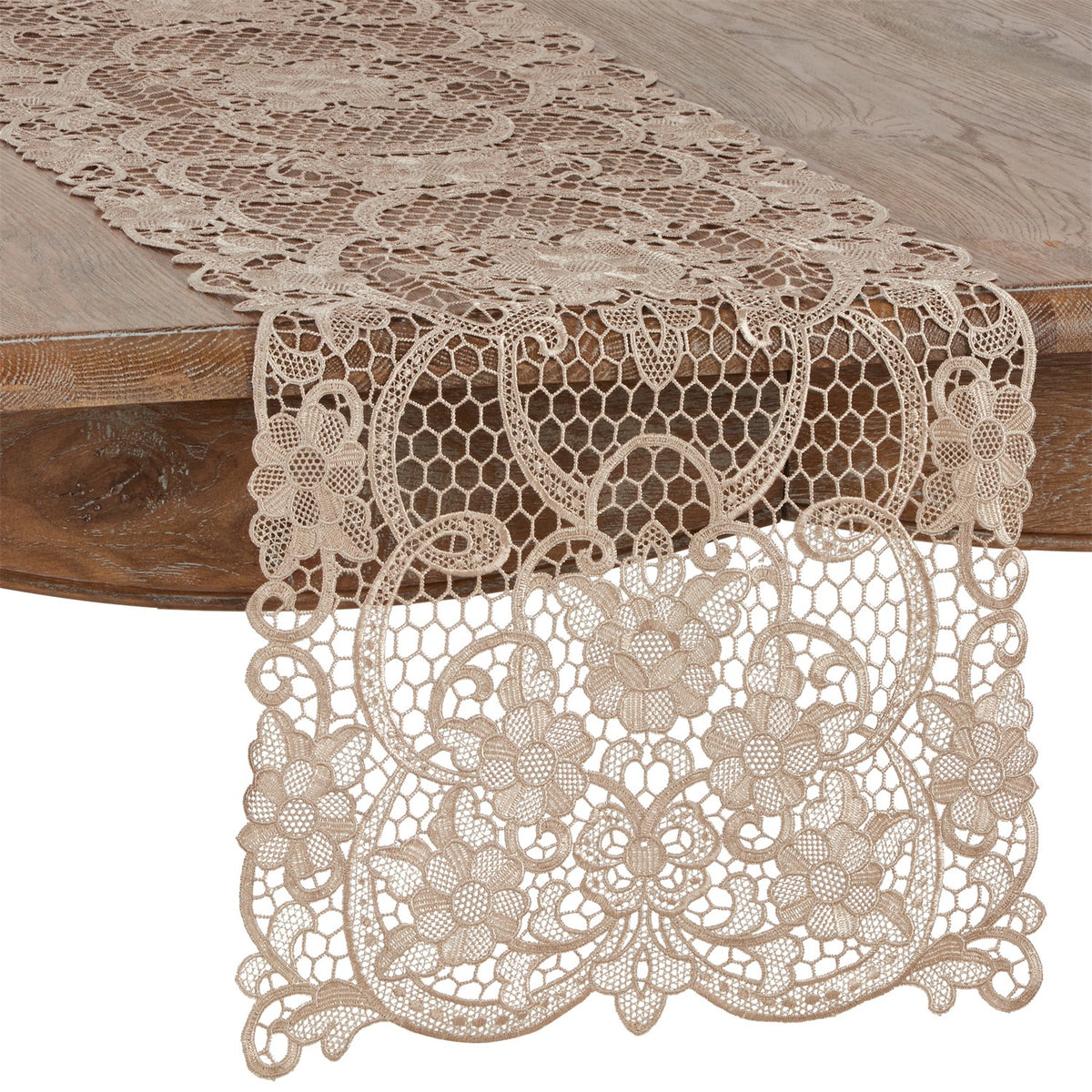 Everyday / All Season Ecru Beige All Over Lace Table Runner, 100% Polyester