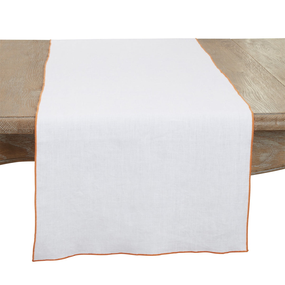 Everyday / All Season Orange Stonewashed Stitch Border Table Runner, 100% linen