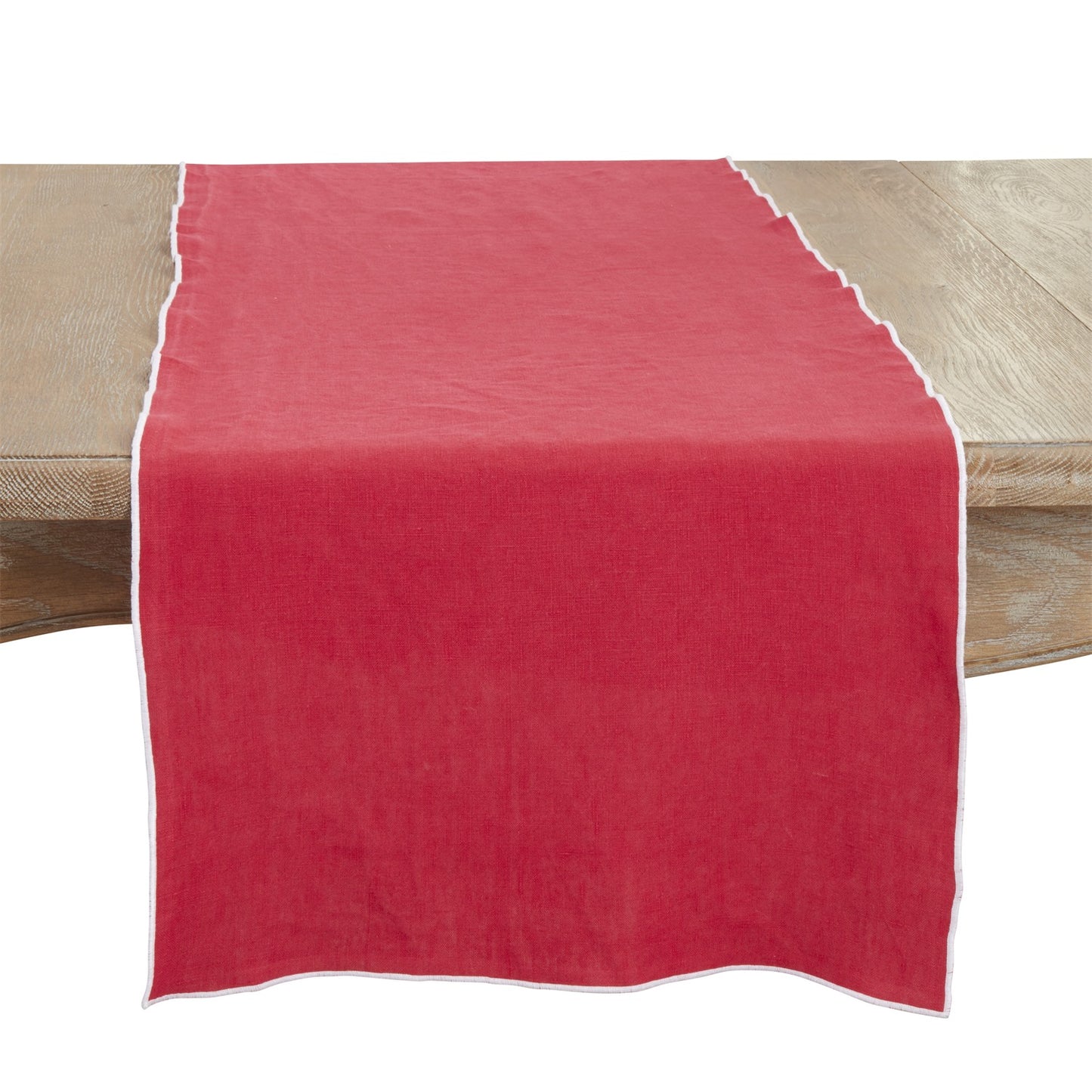 Everyday / All Season Red/White Stonewashed Stitch Border Table Runner, 100% linen