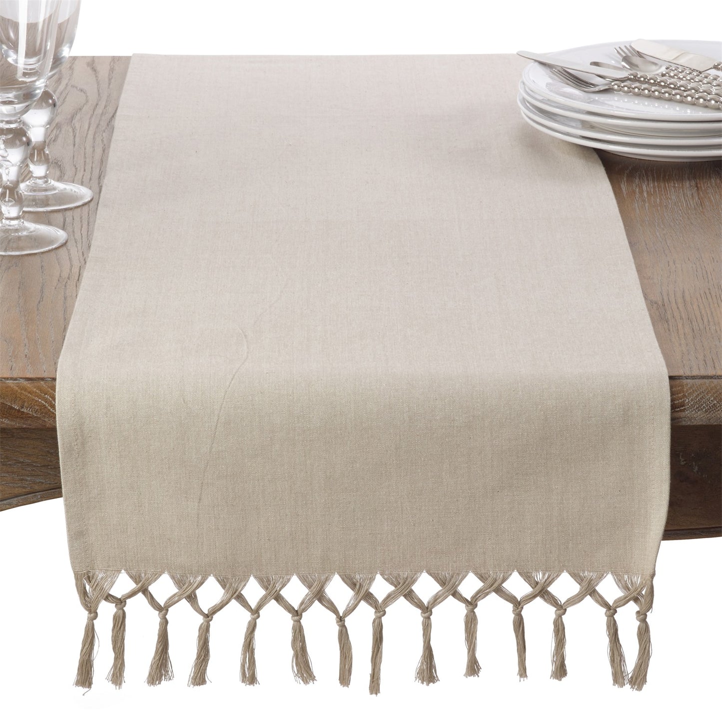 Everyday / All Season Natural Beige Knotted Tassel Table Runner, 100% cotton