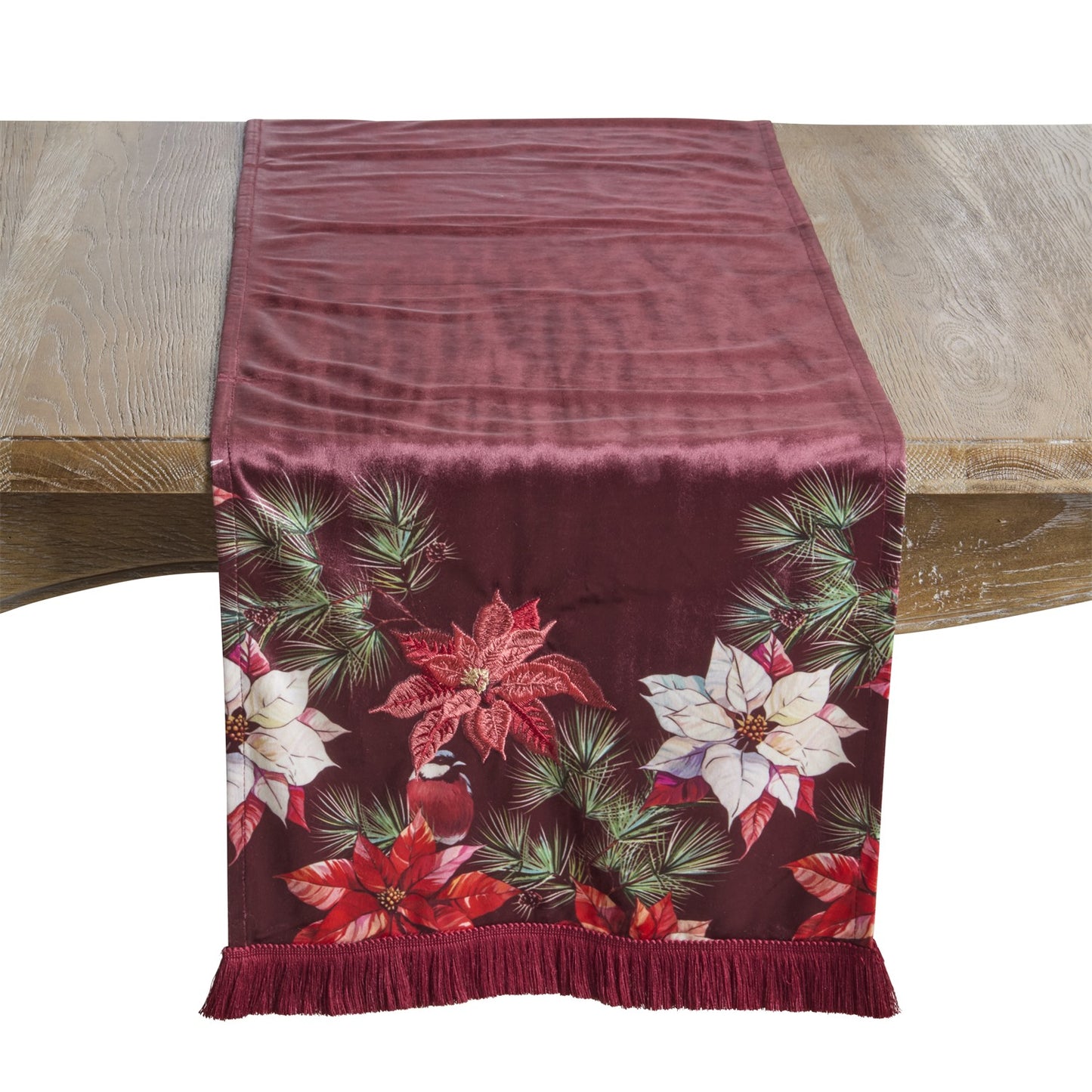 Christmas Red Velvet Poinsettia Table Runner, 100% polyester