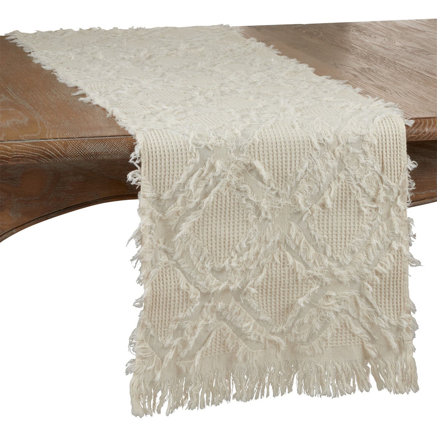 Everyday / All Season Ivory Off-White Fringe Waffle Weave Table Runner, 100% cotton