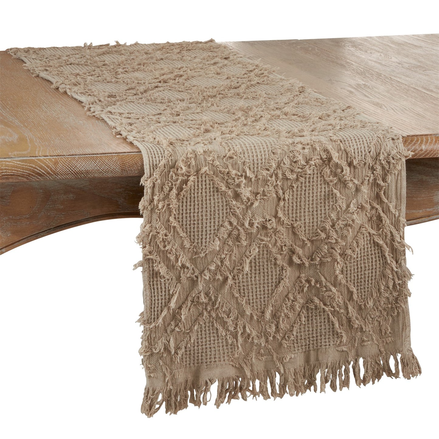 Everyday / All Season Natural Beige Fringe Waffle Weave Table Runner, 100% cotton
