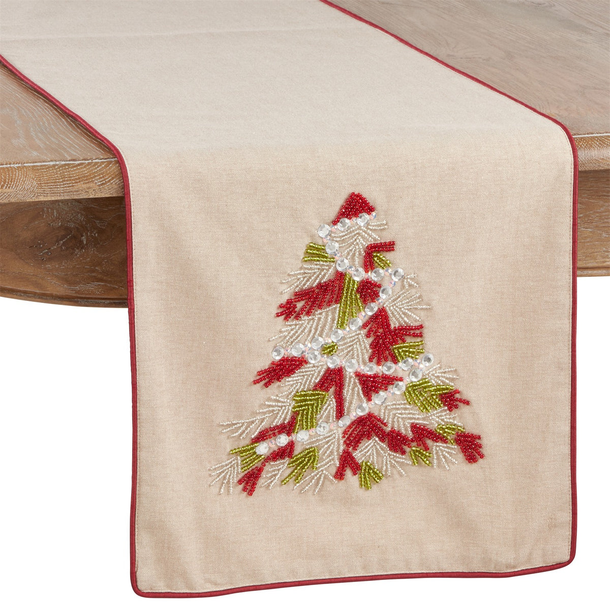 Christmas Red Beaded Christmas Tree Table Runner, 100% cotton