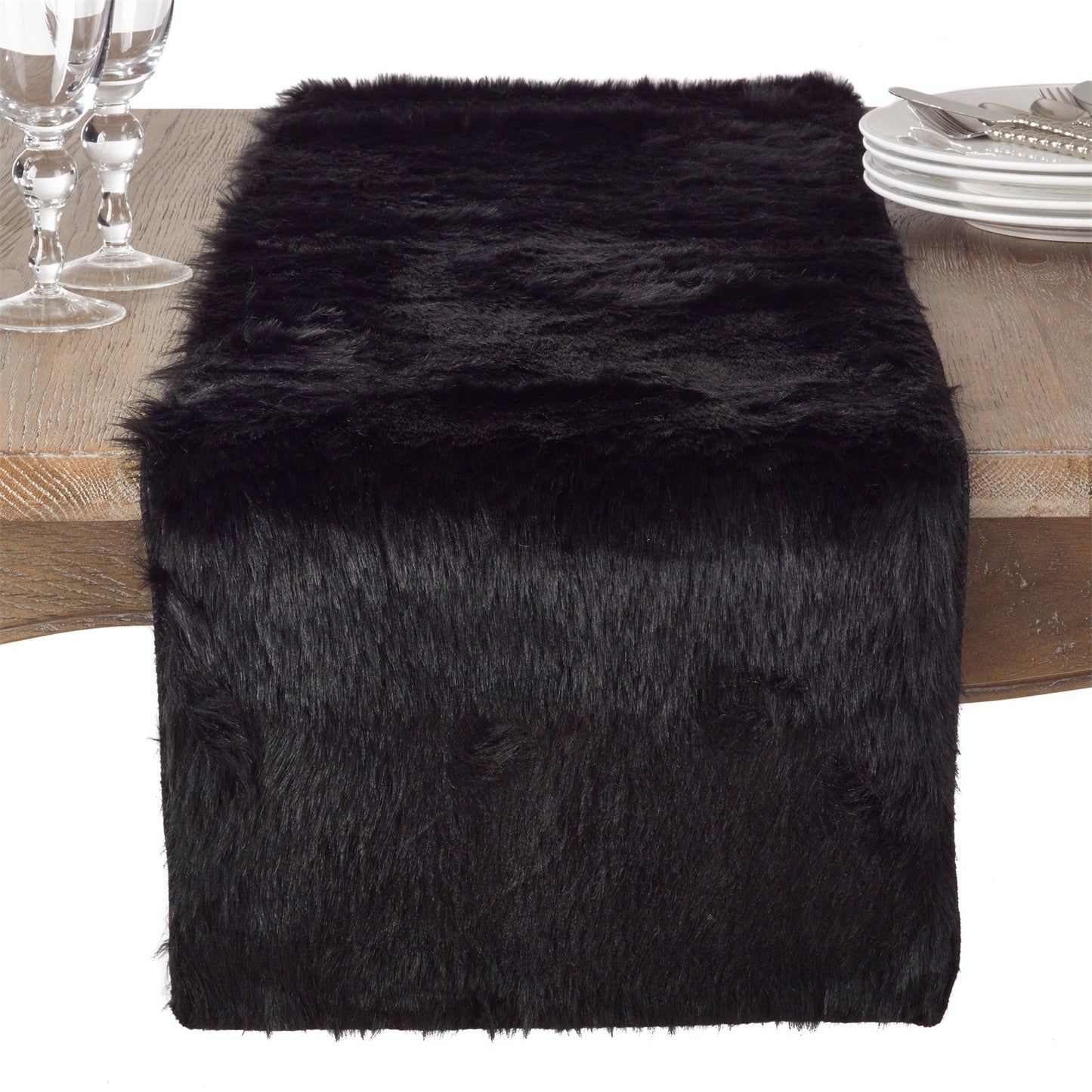 Everyday / All Season Black Faux Fur Table Runner, 100% Polyester