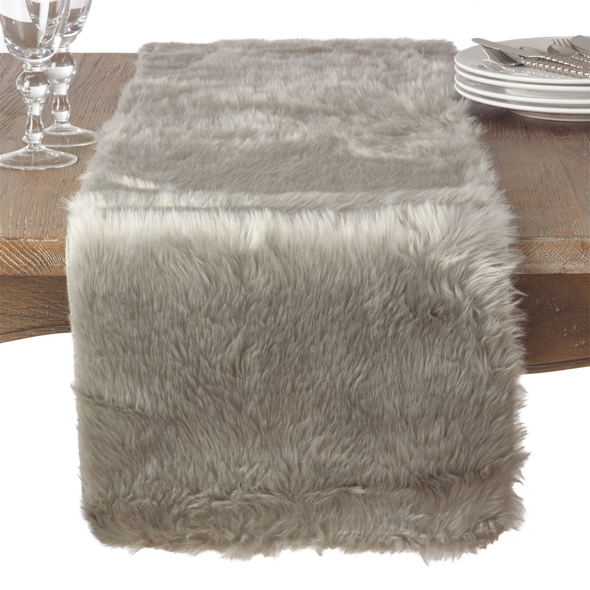 Everyday / All Season Grey Faux Fur Table Runner, 100% Polyester
