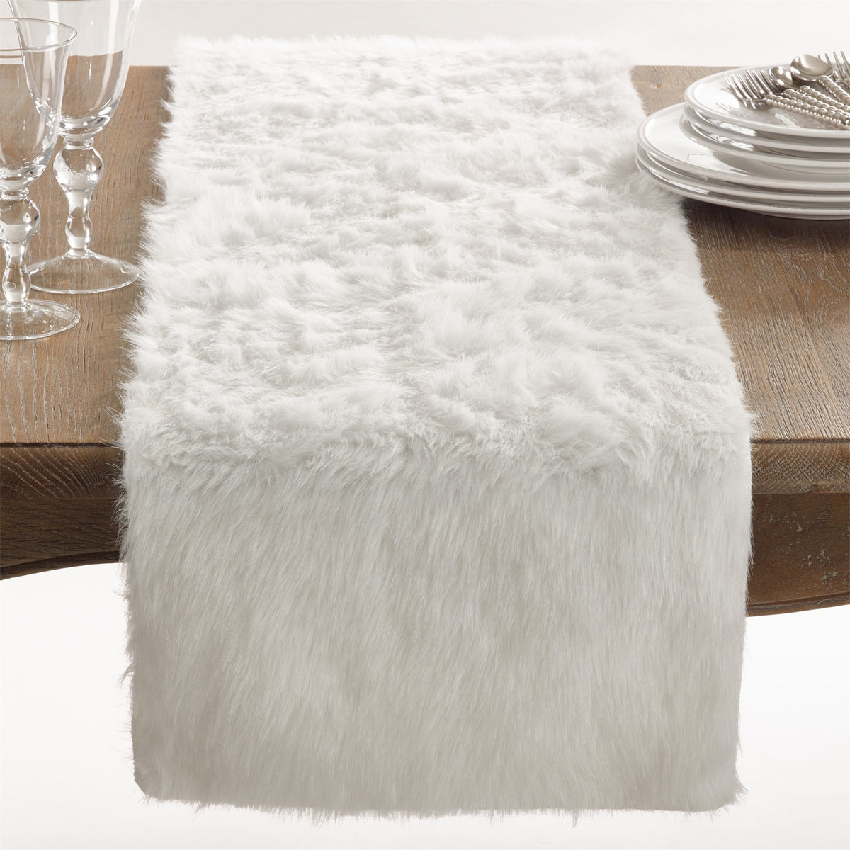 Everyday / All Season White Faux Fur Table Runner, 100% Polyester