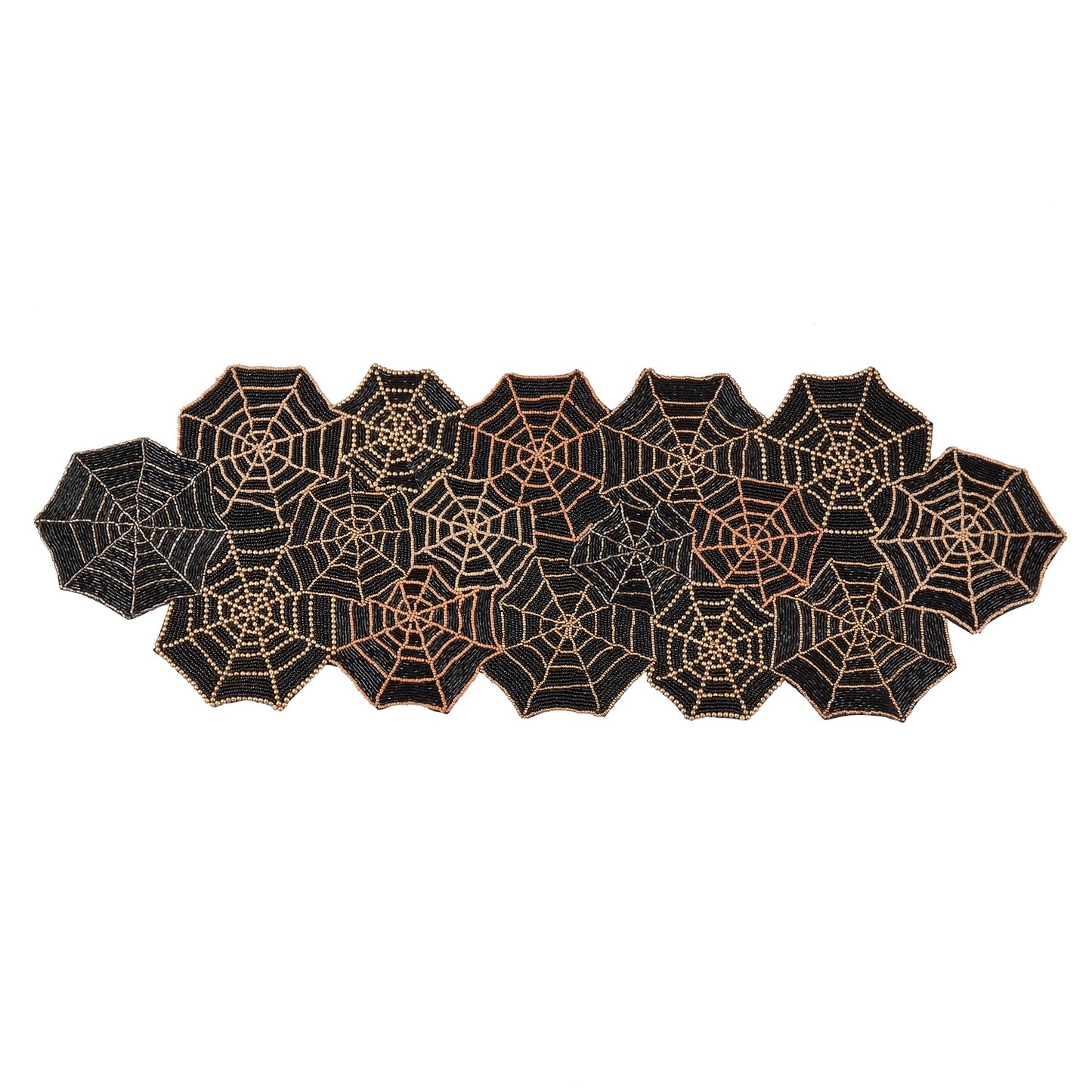 Halloween Dark Gold Beaded Spiderweb Table Runner, 100% glass beads