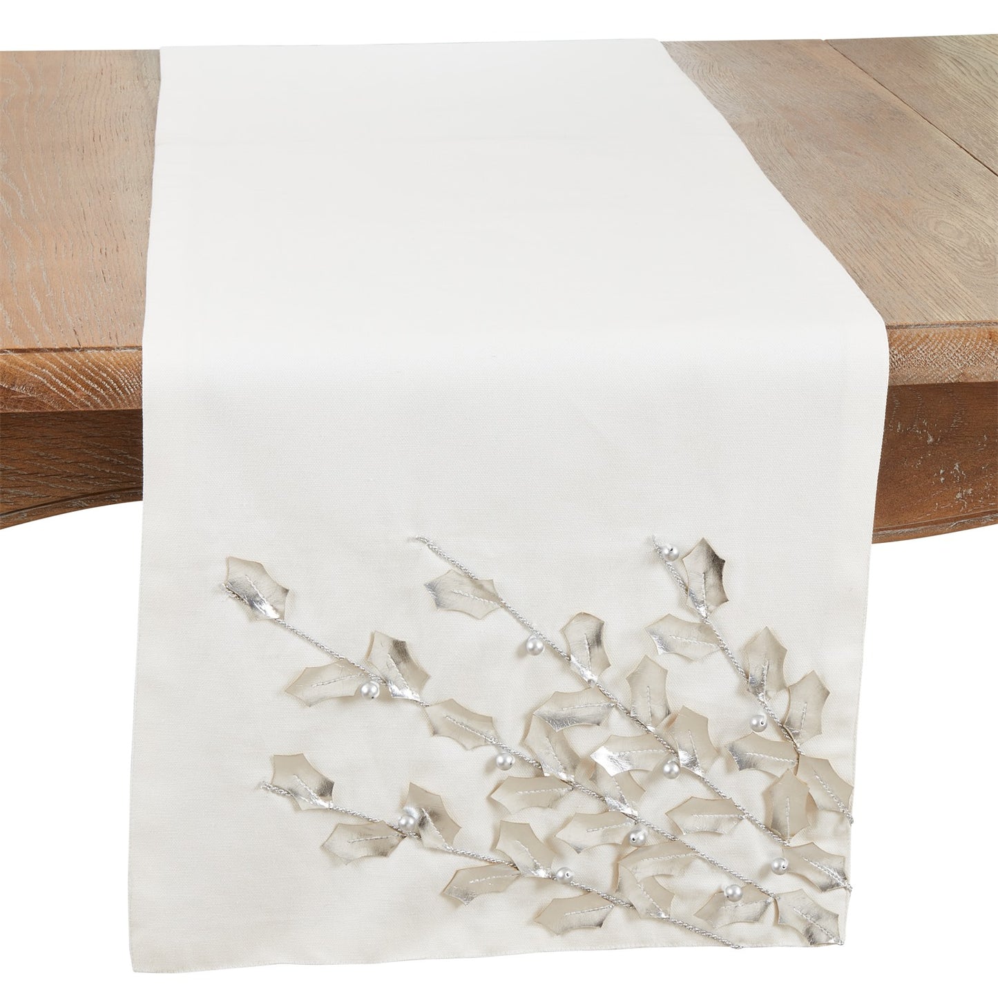 Christmas Silver Poinsettia Branch Table Runner, front: 100% cotton - back: 100% polyester