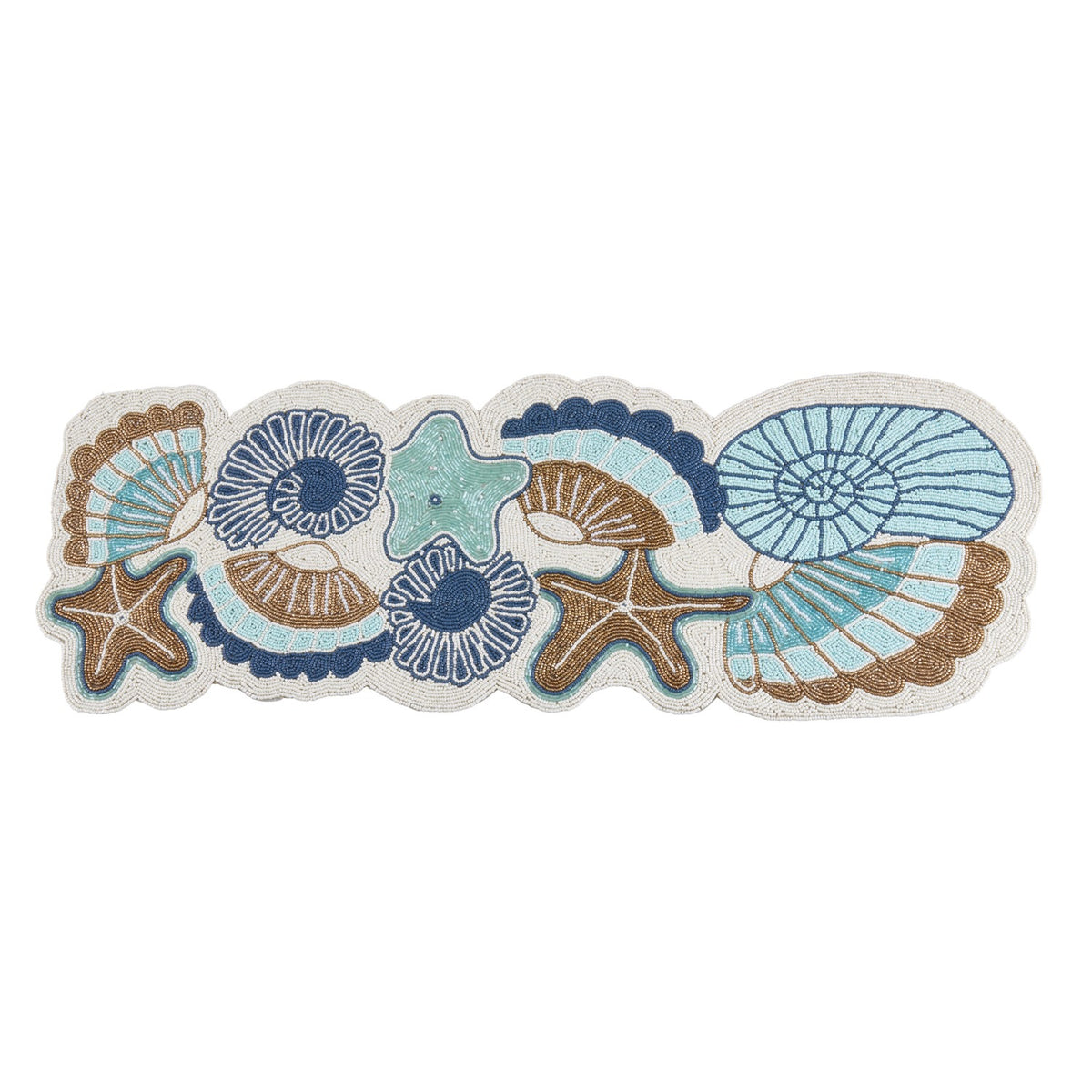 Everyday / All Season Aqua Blue Beaded Sea Shell Table Runner, 60% glass beads, 40% polyester
