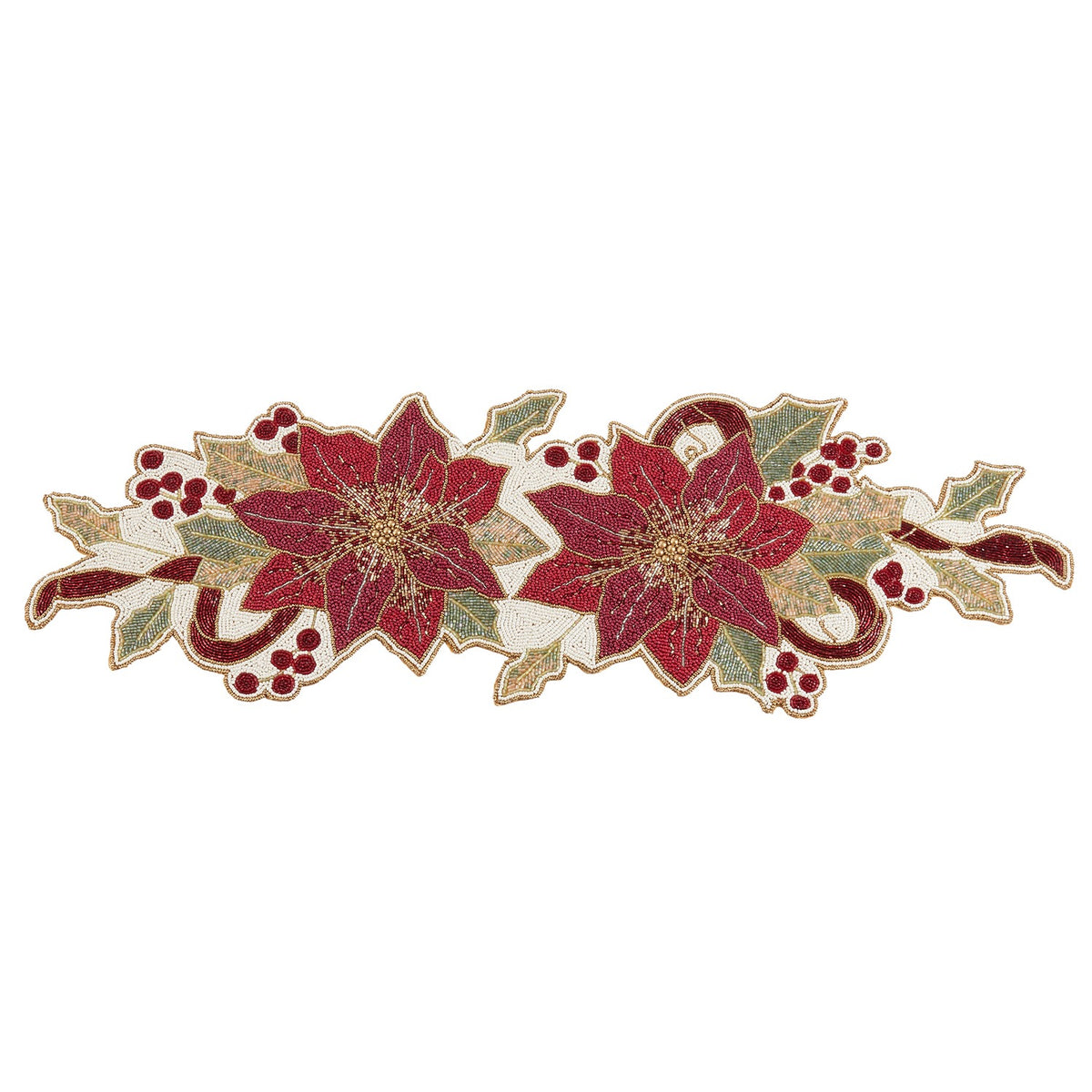 Christmas Red/Green Beaded Poinsettia Table Runner, 65% glass beads - 35% polyester