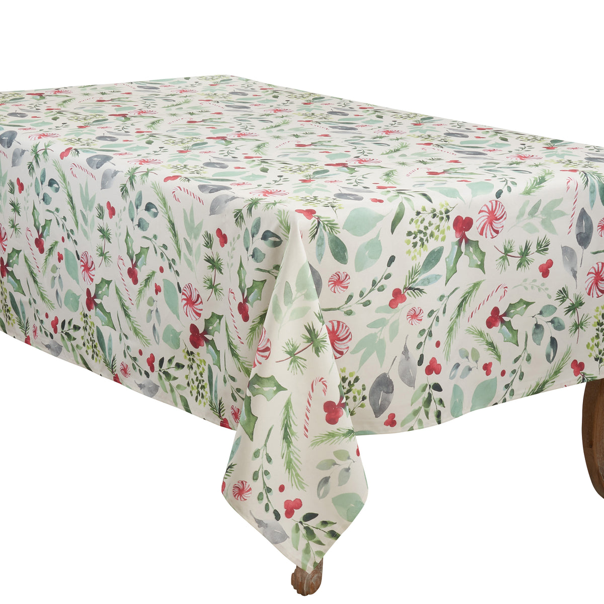 Multi Christmas Foliage and Candy Canes Tablecloth 100% Polyester