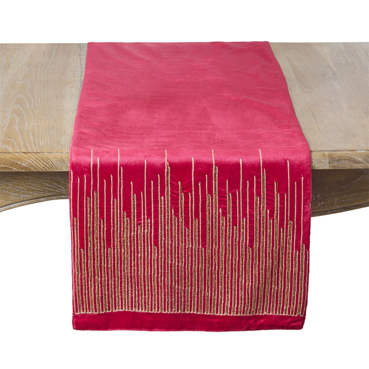Everyday / All Season Red Velvet Beaded Lines Table Runner, 100% polyester velvet