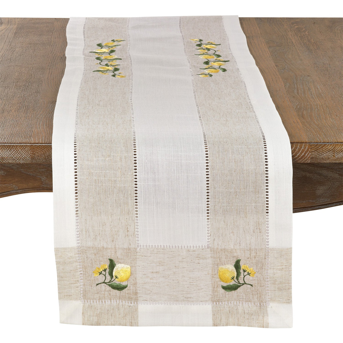 Everyday / All Season Ivory Off-White Embroidered Lemon Hemstitch Table Runner, 94% polyester - 6% linen