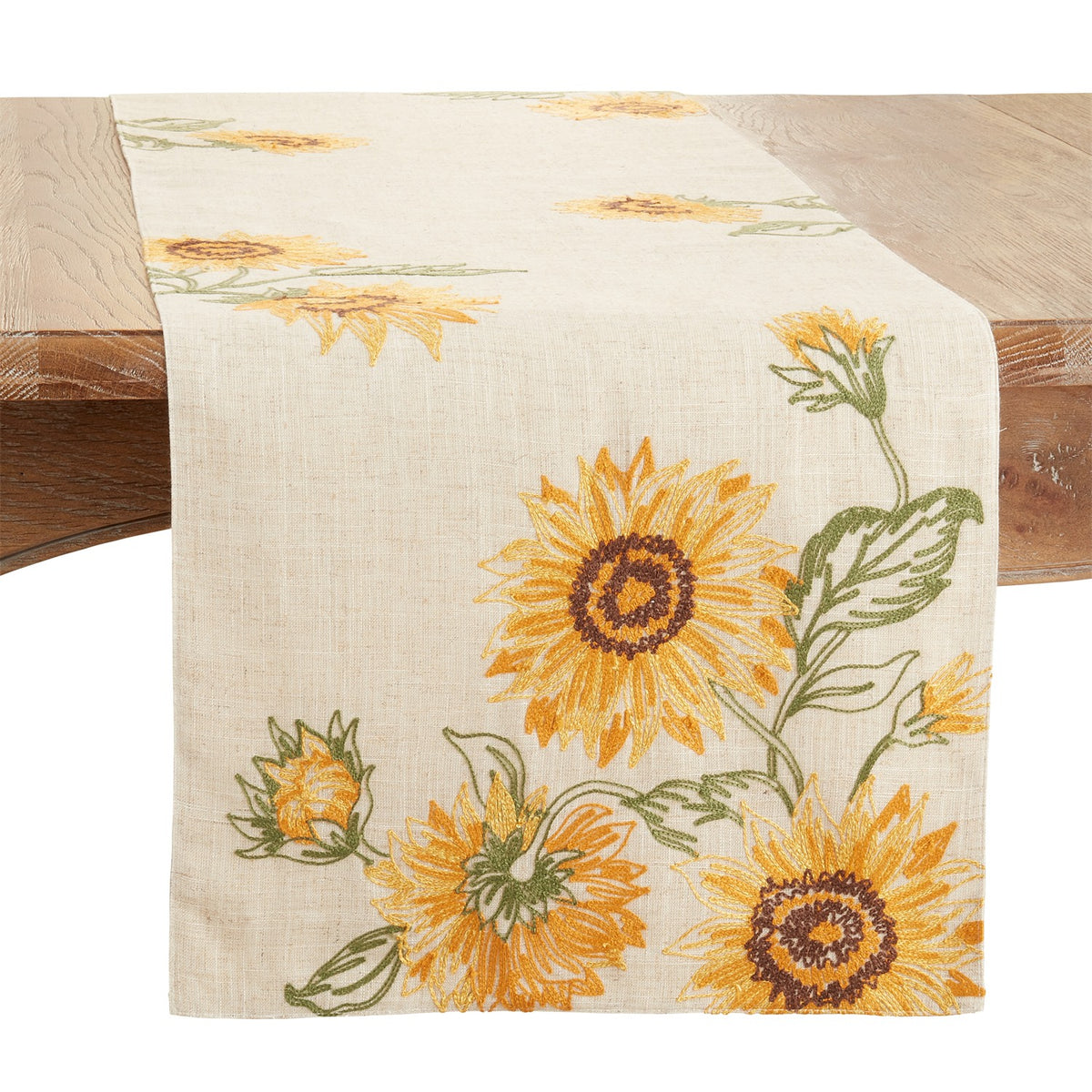 Everyday / All Season Natural Beige Embroidered Sunflower Table Runner, front: 80% polyester - 20% linen, back: 100% polyester