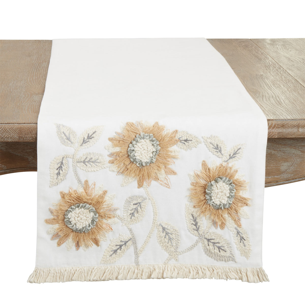 Everyday / All Season Ivory Off-White Embroidered Sunflower Table Runner, 100% cotton