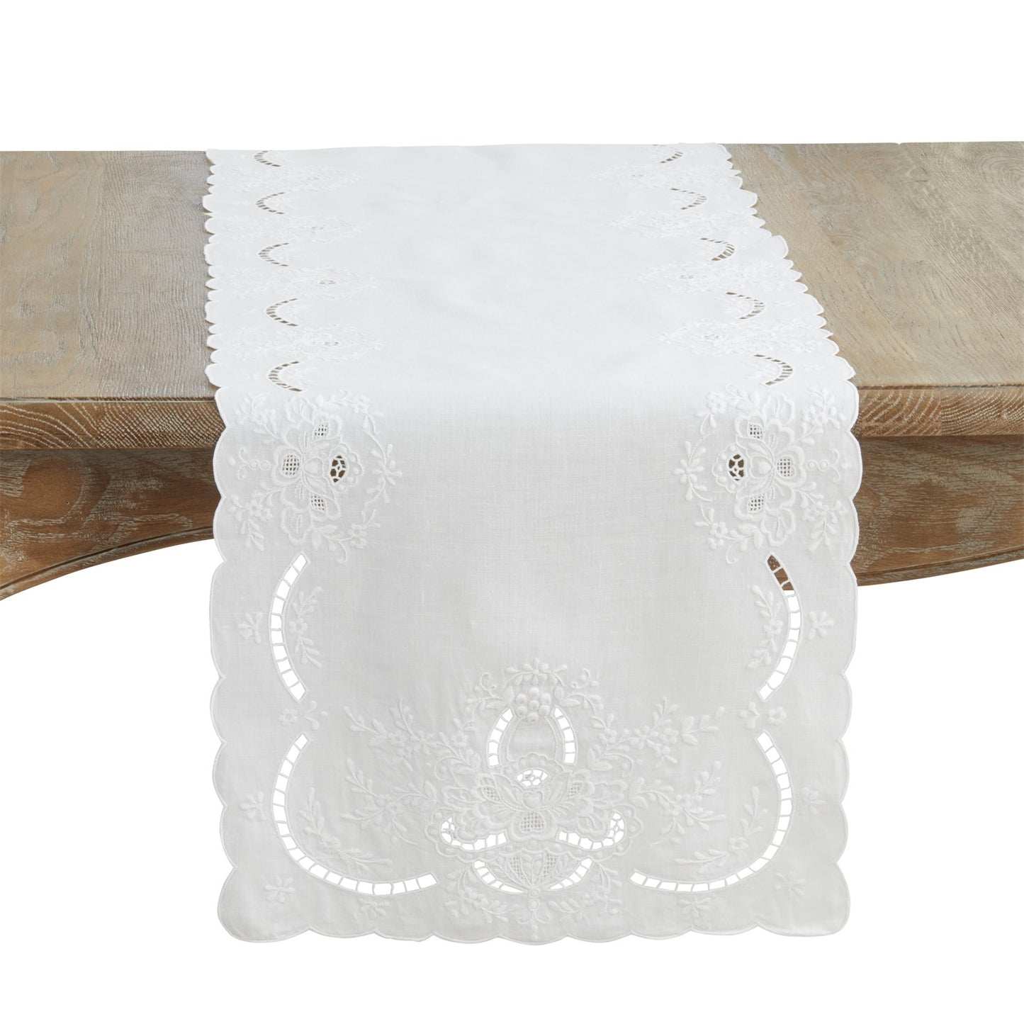 Everyday / All Season White Embroidered Floral Table Runner, 100% linen