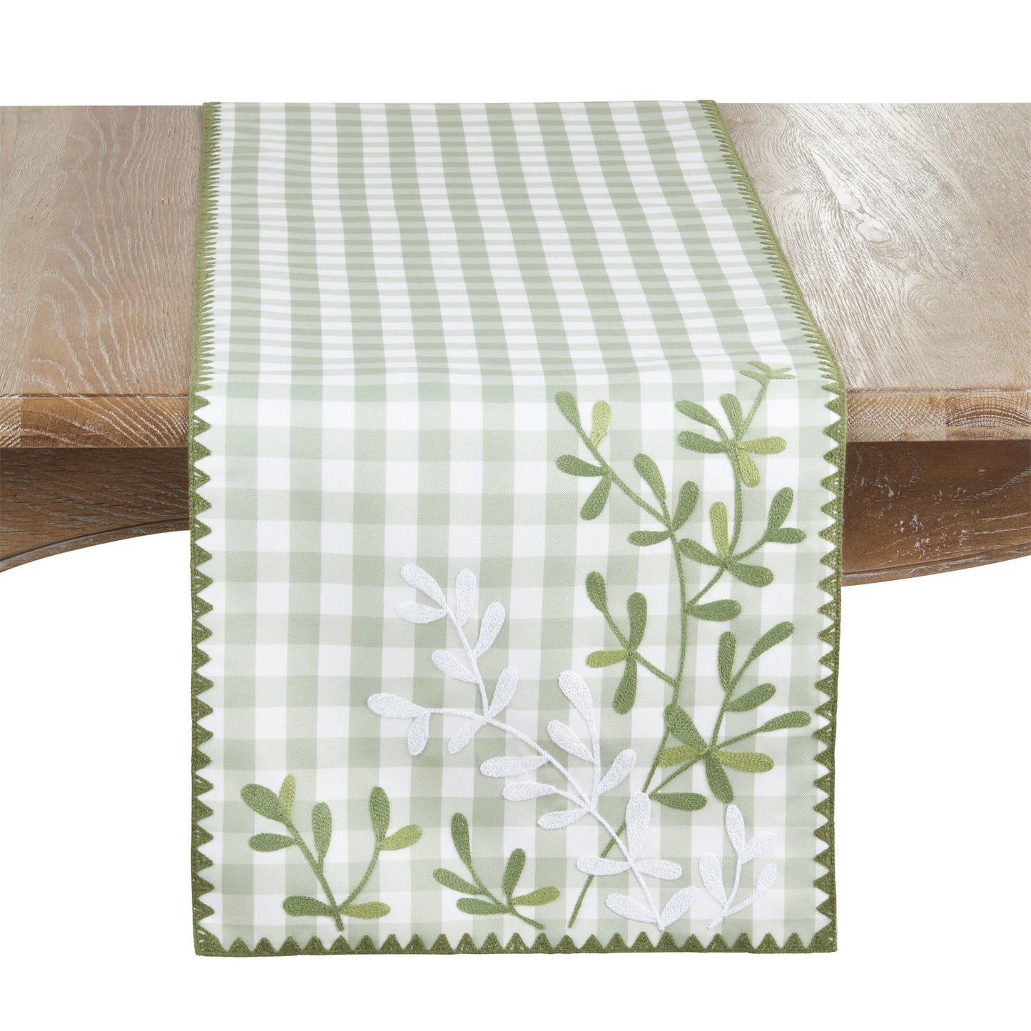 Everyday / All Season Green Whipstitch Plaid Leaves Table Runner, 100% polyester