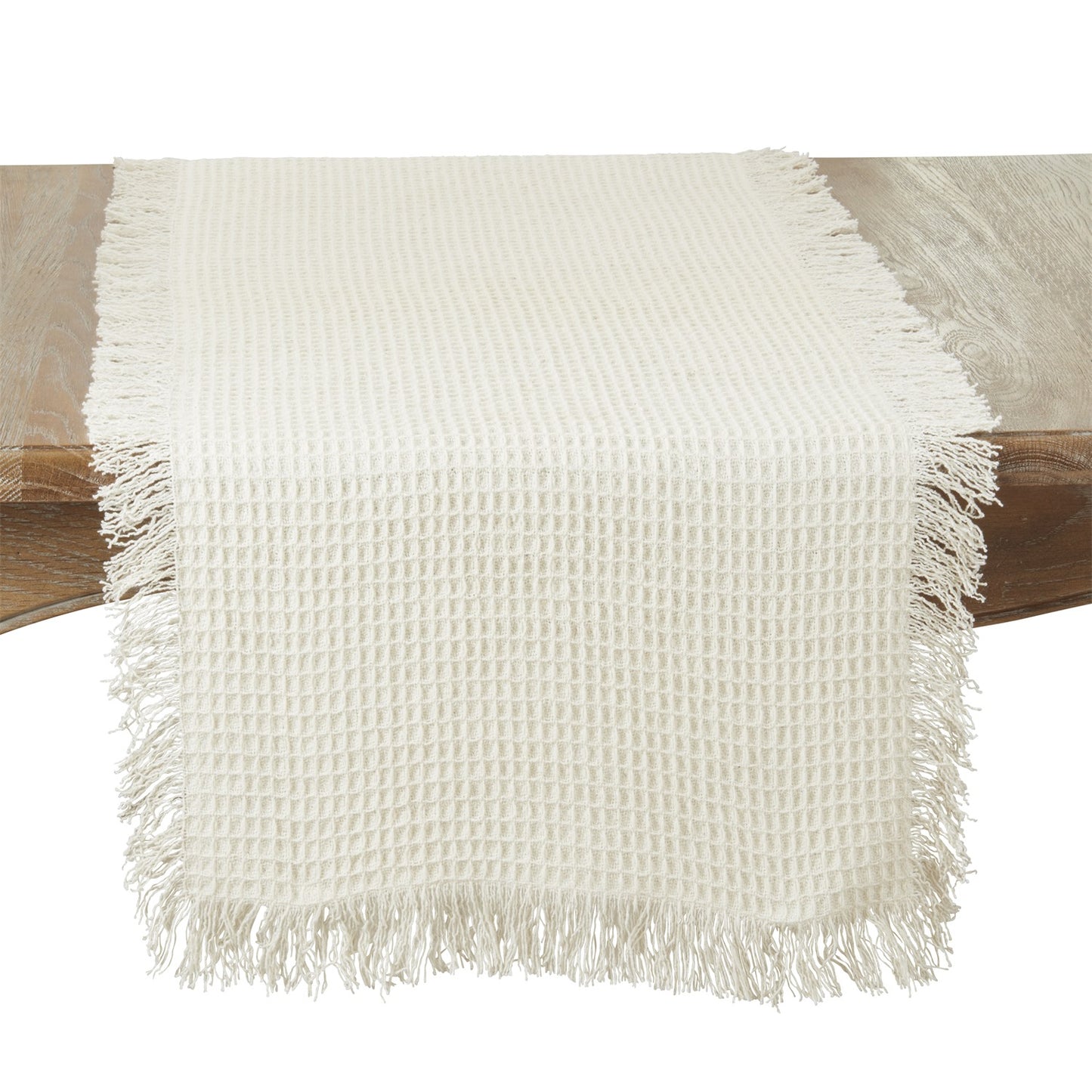 Everyday / All Season Natural Beige Waffle Weave Fringe Table Runner, 100% cotton