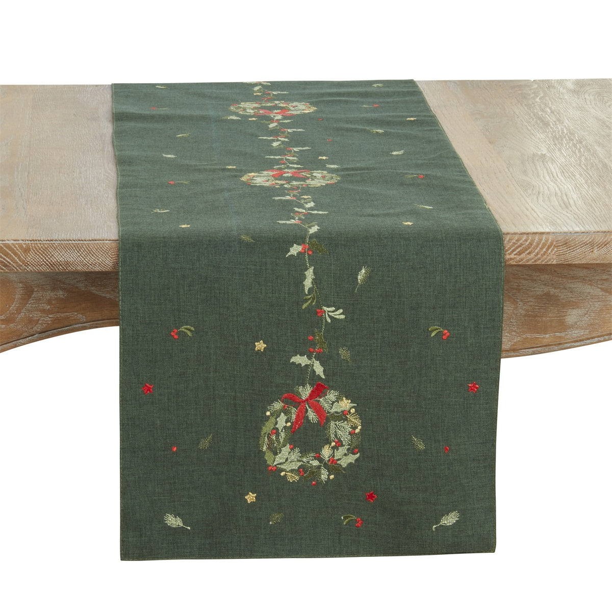 Christmas Green Embroidered Wreath Table Runner, 100% Polyester