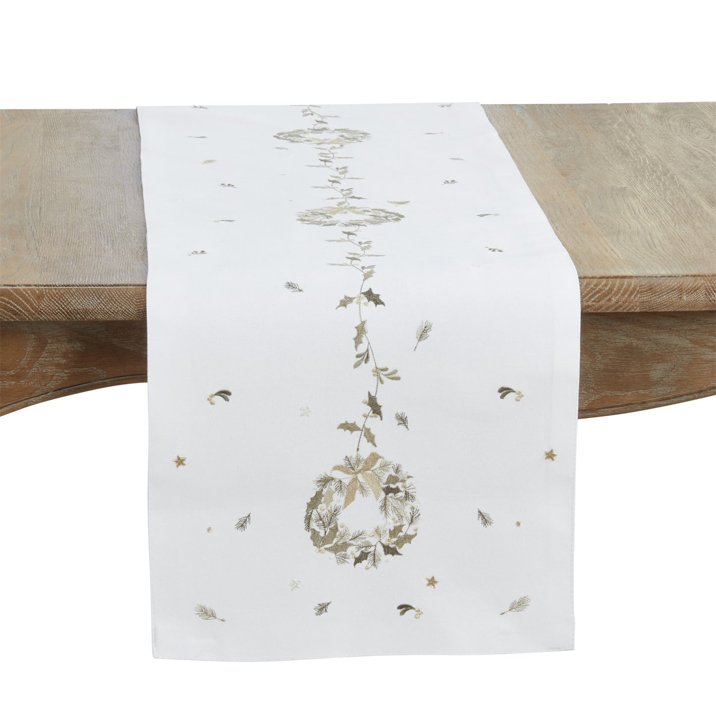 Christmas White Embroidered Wreath Table Runner, 100% Polyester