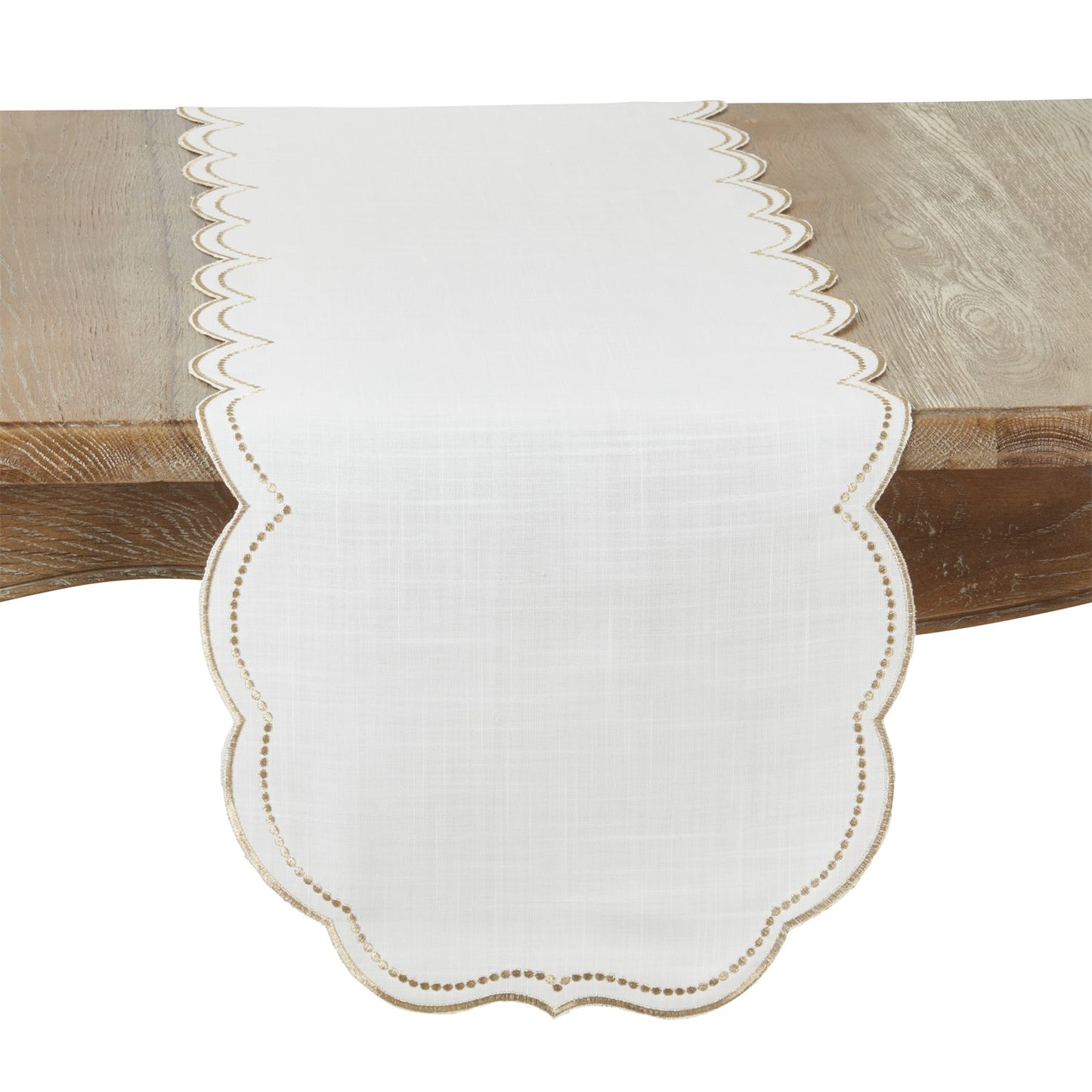 Everyday / All Season Gold Embroidered Polka Dot Table Runner w/ Scalloped Border, 100% Polyester