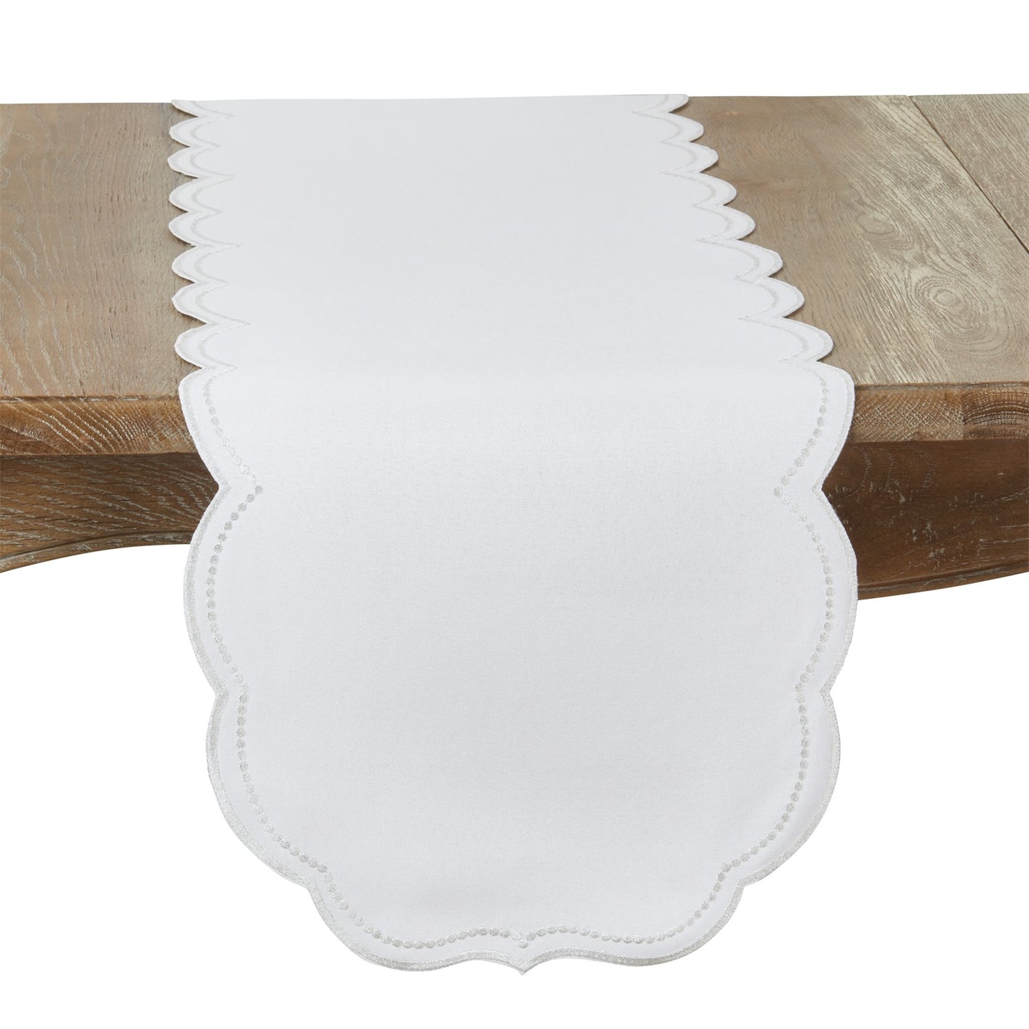 Everyday / All Season Silver Embroidered Polka Dot Table Runner w/ Scalloped Border, 100% Polyester