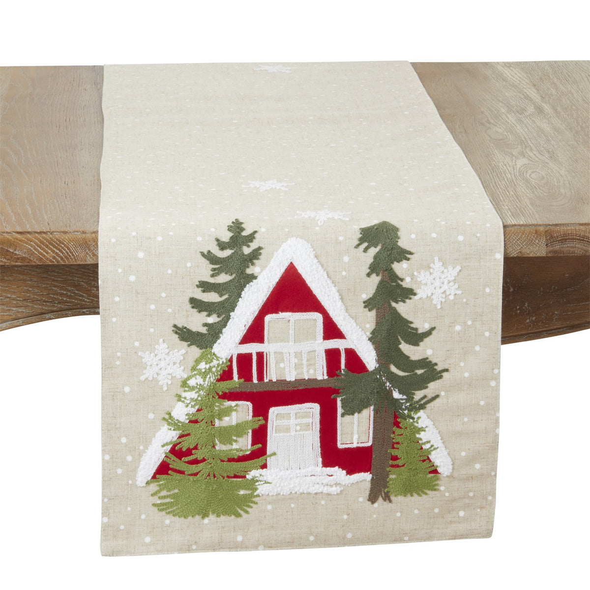 Christmas Natural Beige Snow House Table Runner, 84% polyester - 16% linen