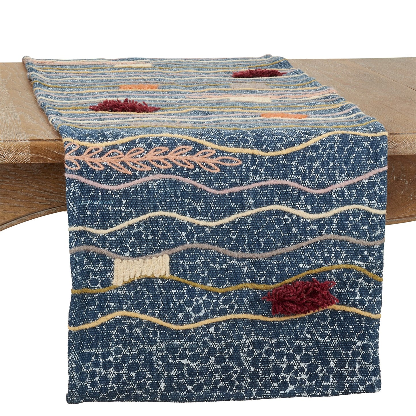 Everyday / All Season Multi Block Print Embroidered Table Runner, 100% cotton